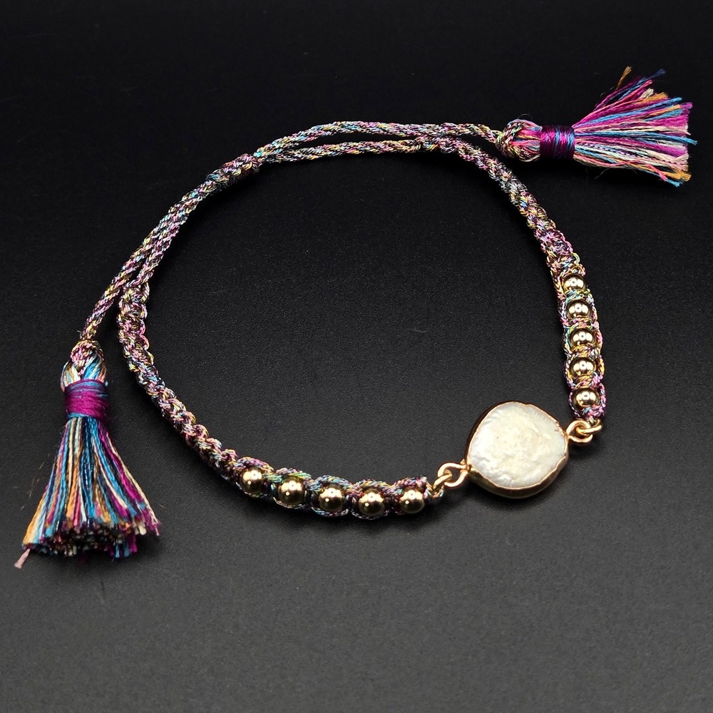 Coin Pearl Braided‎ Tassel Bracelet Boho Multi-Color Woven Gold Tone Beads